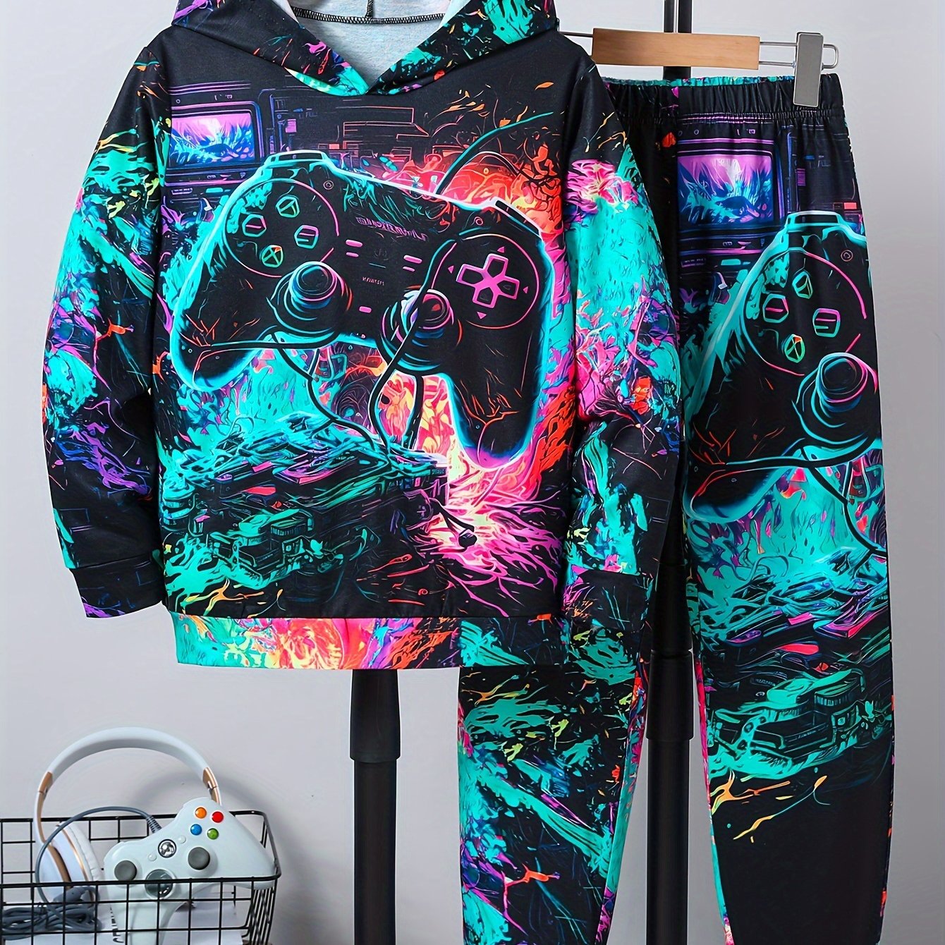 Big Boys Autumn Game Console Print Hoodie and Sweatpants Set Polyester Casual