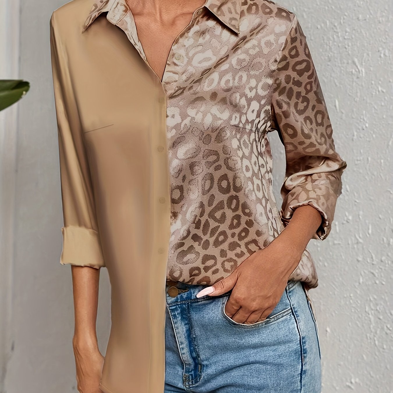Women's Satin Leopard Print Button-Up Shirt Long Sleeve Casual Wear