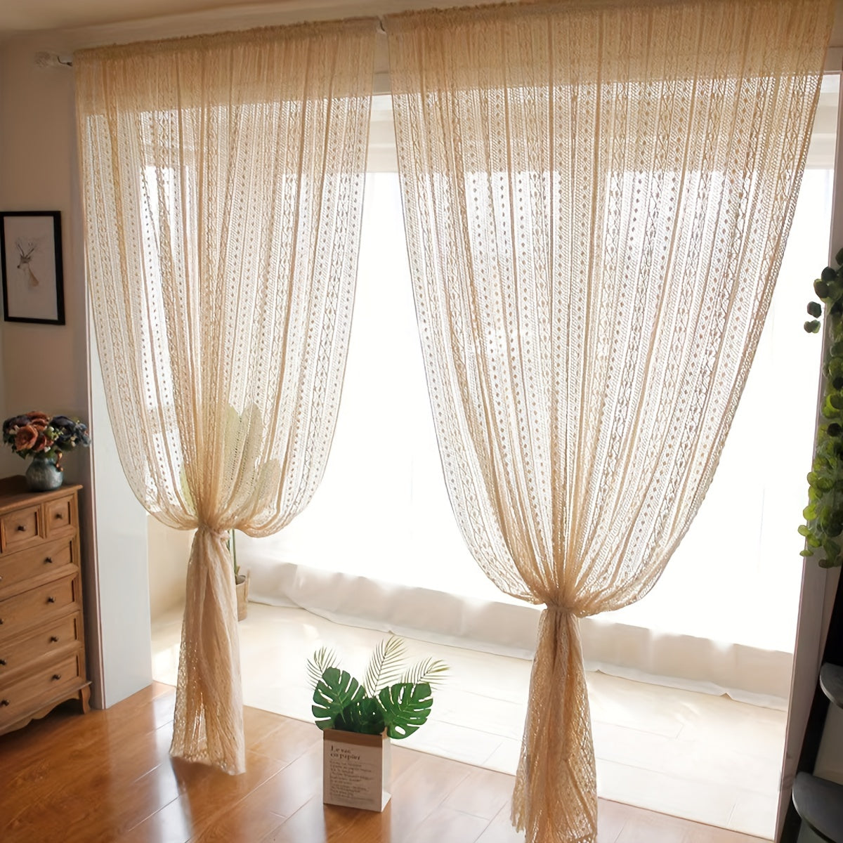 Hollow Striped Yarn Curtain Japanese Style Rod-Mounted Window Screen for Living Room Bedroom