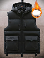 Men's Winter Hooded Vest with Fleece Lining, Multiple Pockets, Stand Collar