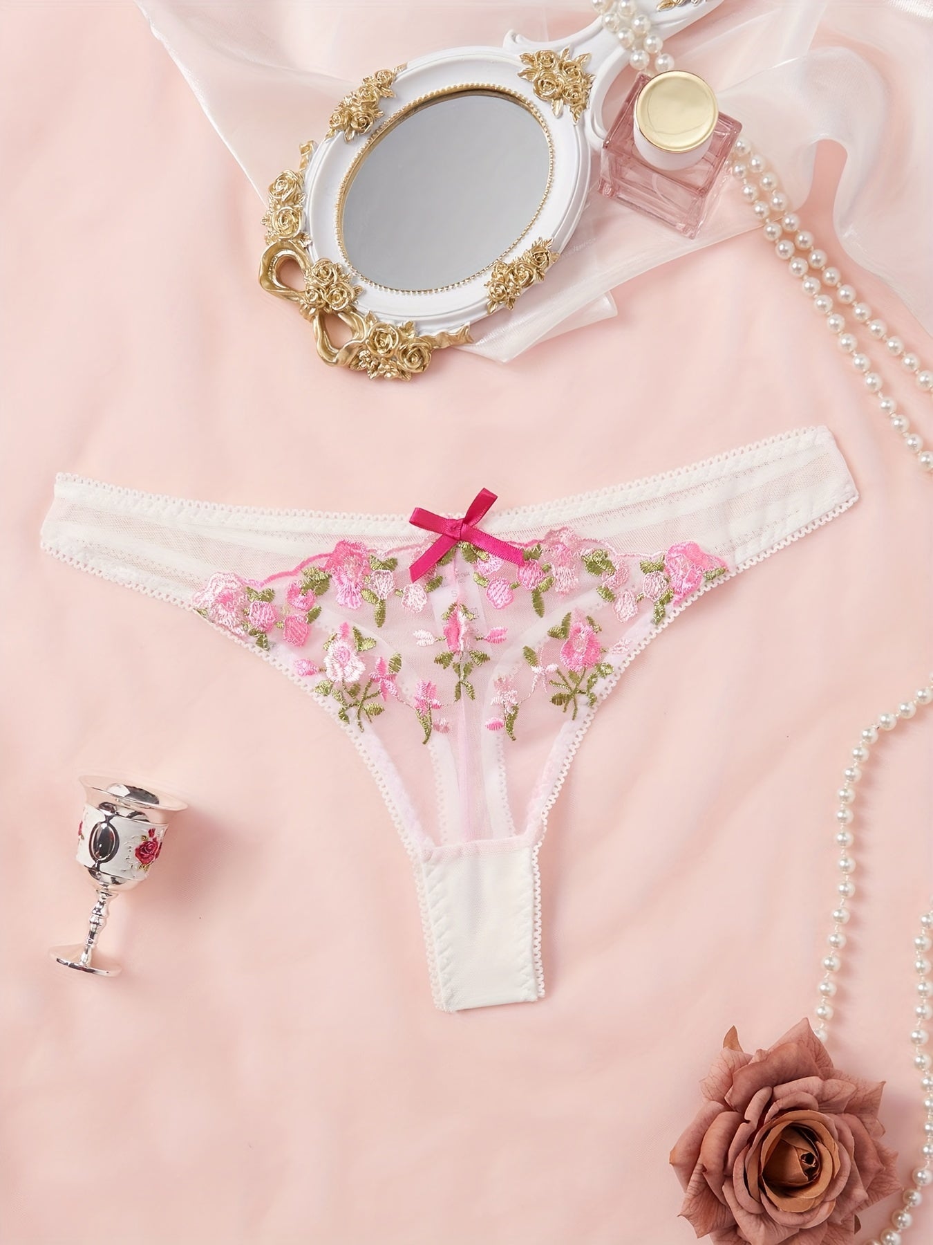 Women's Mesh Floral Thongs and Lingerie Set