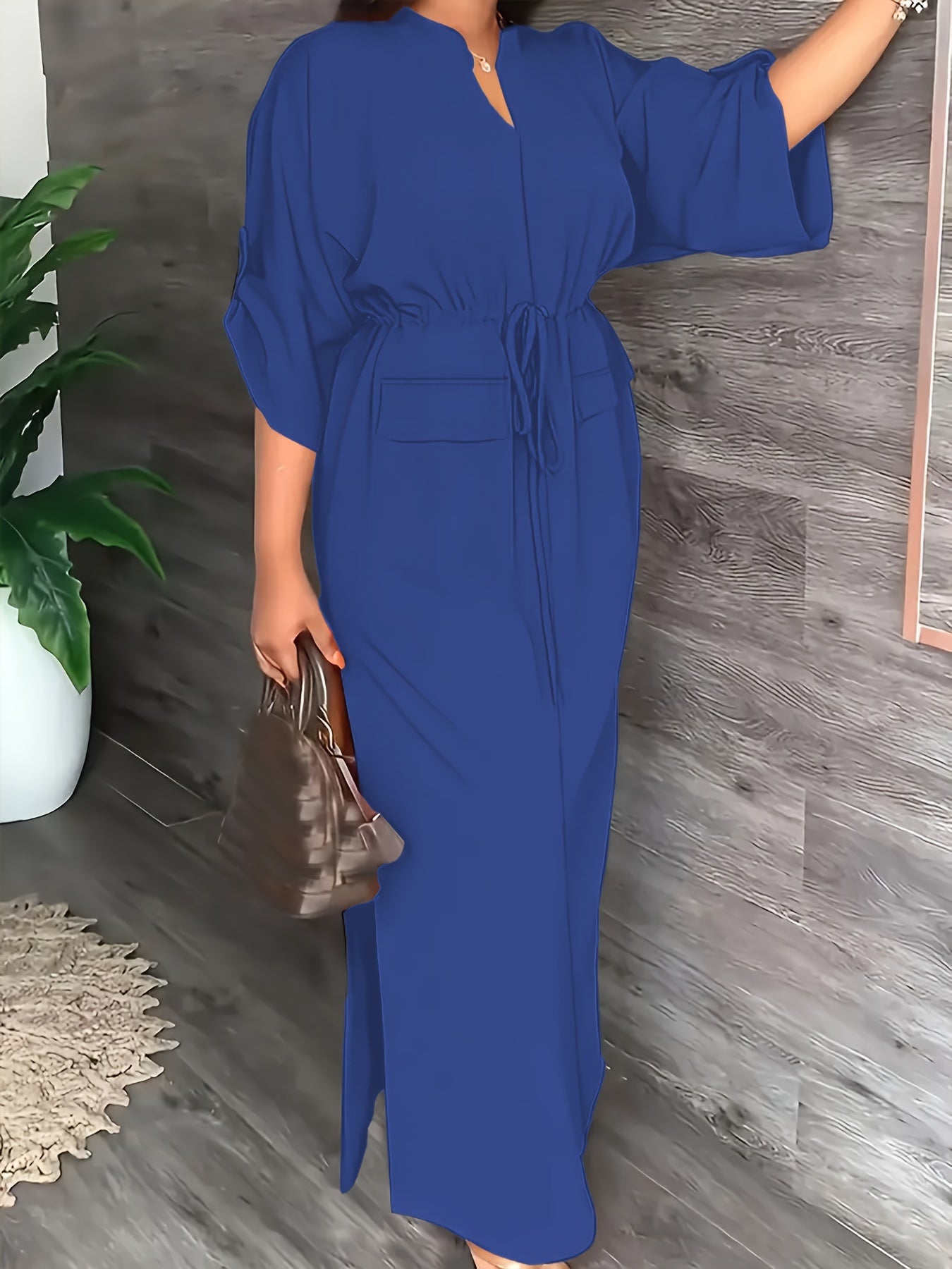 Women's Elegant Plain Color Split Dress with Pull-String Detail