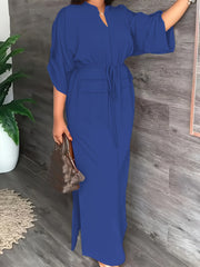 Women's Elegant Plain Color Split Dress with Pull-String Detail