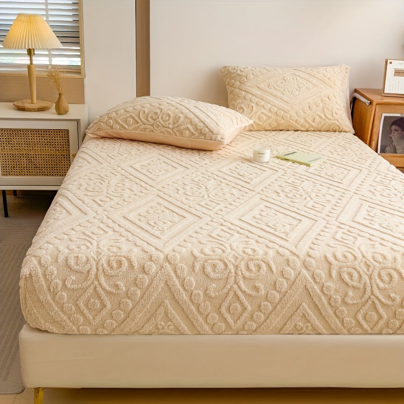 Taffeta Fitted Sheet with 3D Floral Design Deep Pockets Non-Slip Bed Sheet