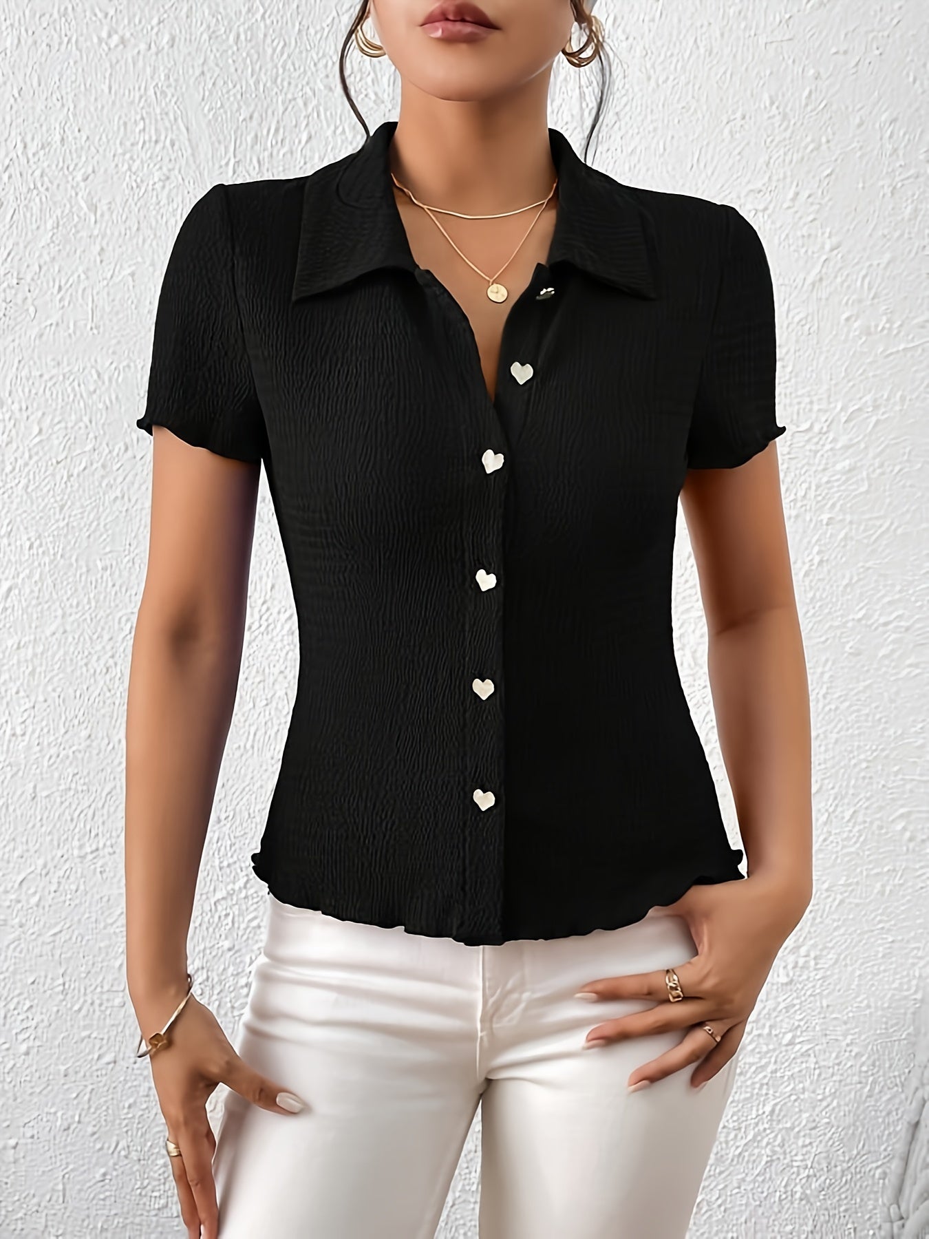 Women's Short Sleeve Blouse with Heart-Shaped Button, Solid Color, Spring Summer
