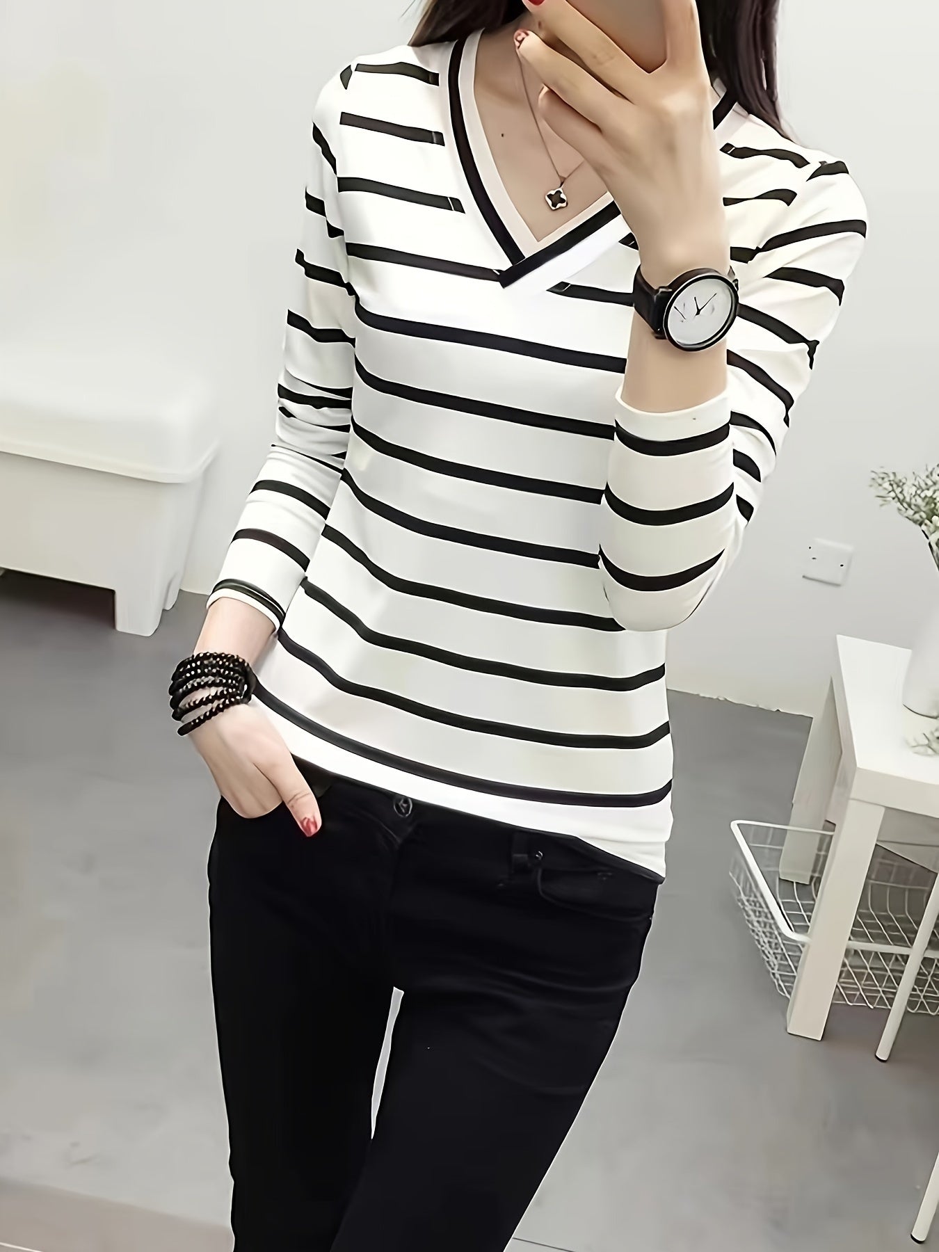 Women's Striped V Neck Long Sleeve T-Shirt Polyester Spring Fall Casual
