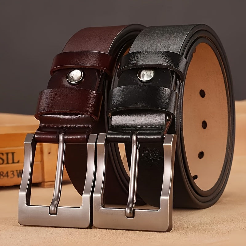 Genuine Leather Belt with Large Needle Buckle for Men Black Casual Cowhide