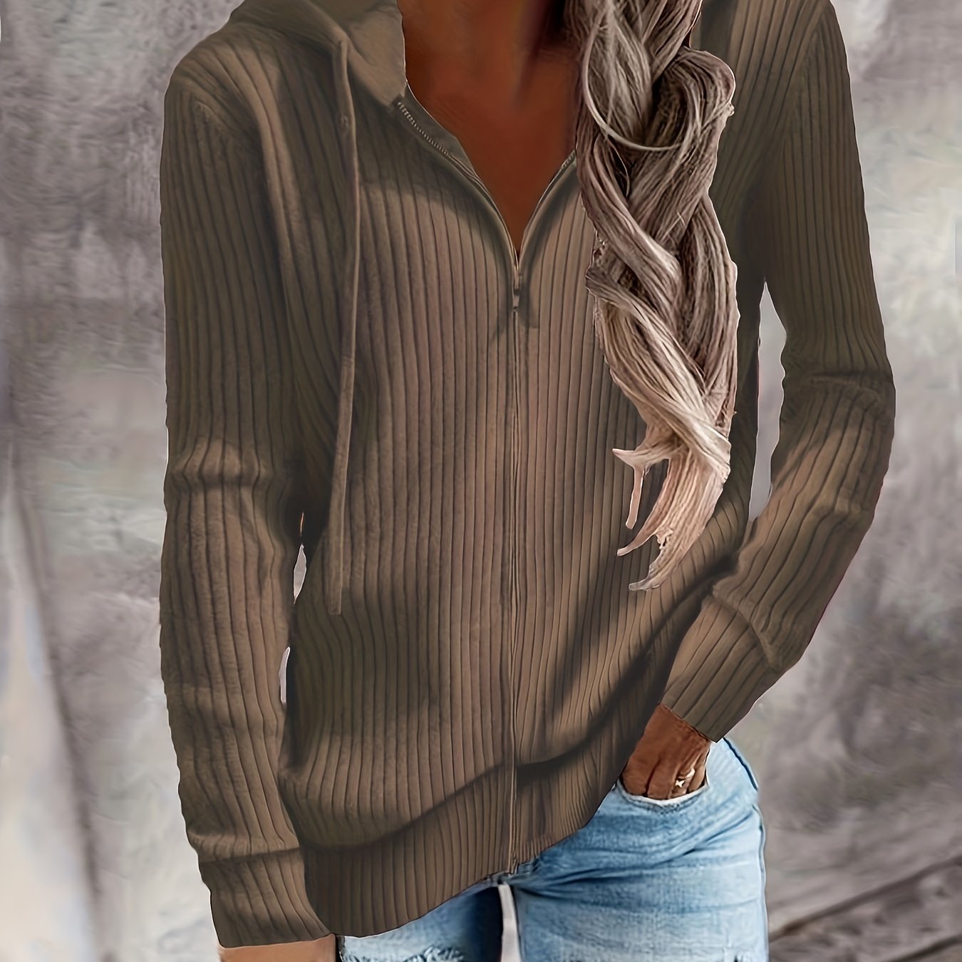 Plus Size Women's Autumn Winter Striped Hoodie with Zipper Long Sleeve Pullover