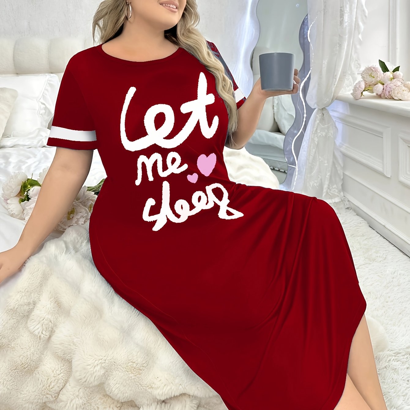 Women's Letter Print Polyester Night Dress Crew Neck Casual Sleepwear
