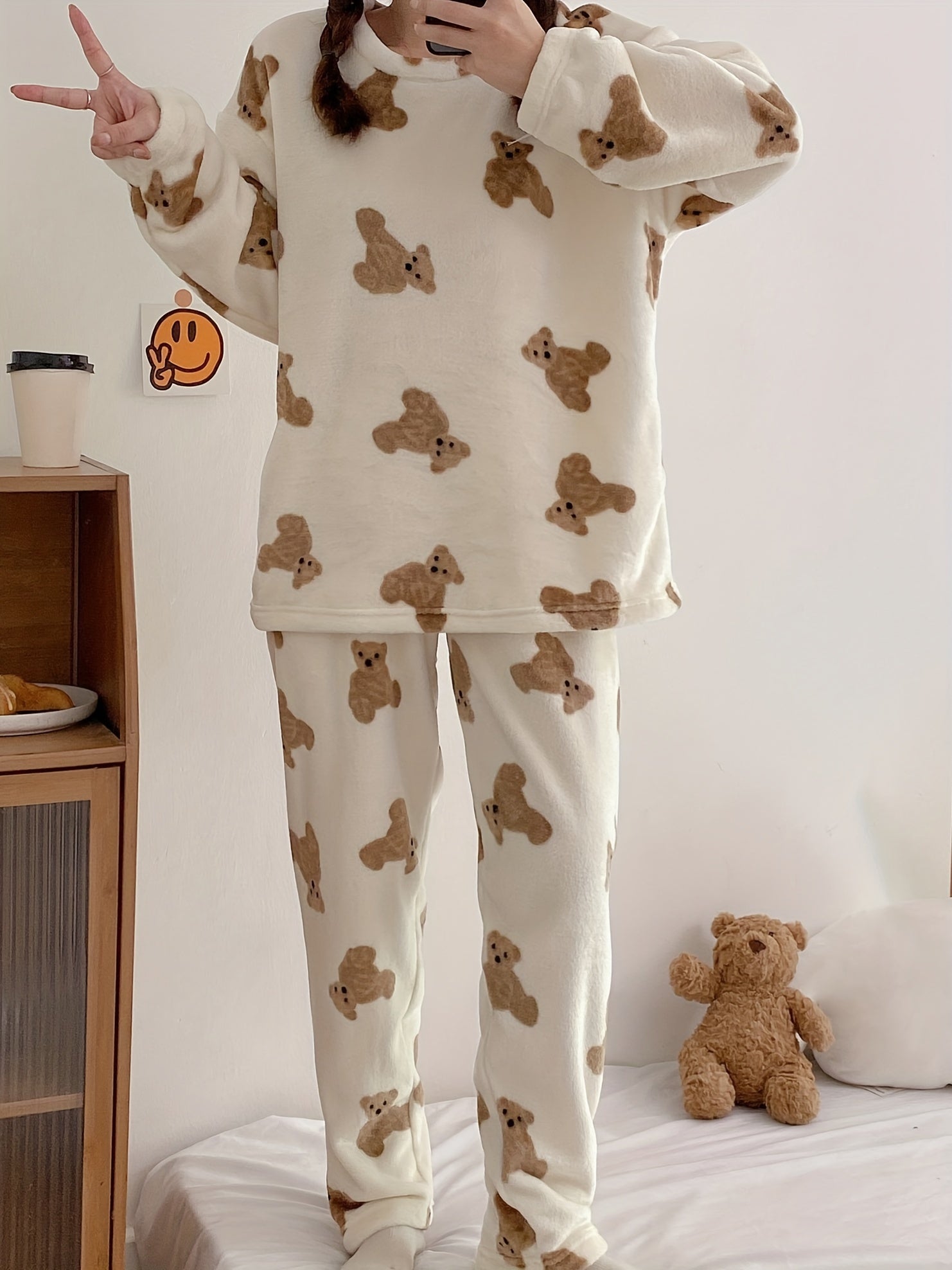Women’s Cozy Teddy Bear Print Pajama Set Long Sleeve Winter Knit Polyester