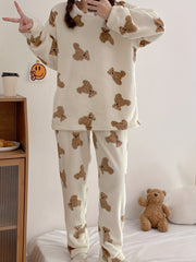 Women’s Cozy Teddy Bear Print Pajama Set Long Sleeve Winter Knit Polyester