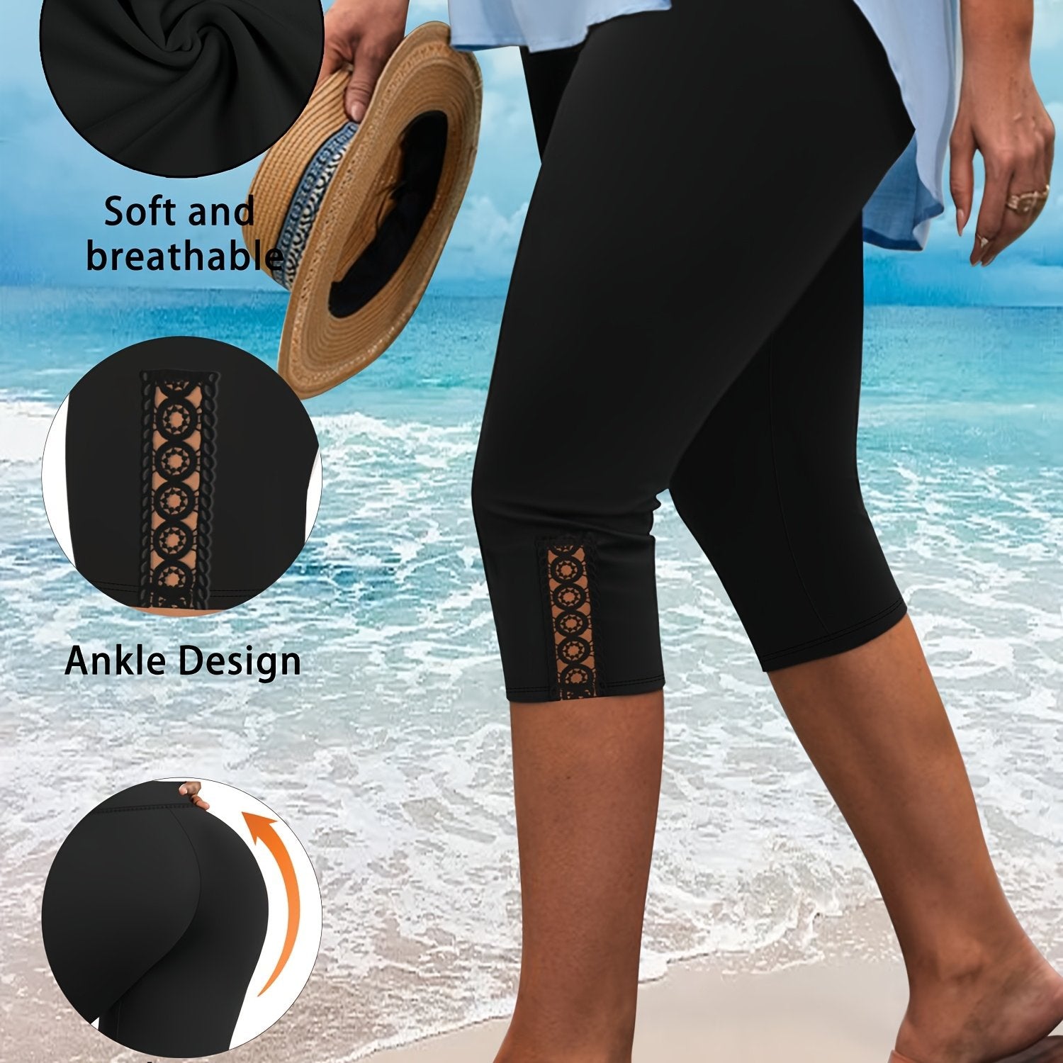 Women's Plus Size High-Waist Capri Leggings with Lace, Stretchy, Solid Color