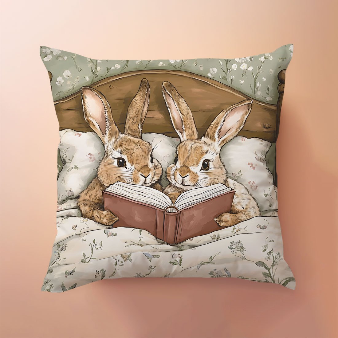 Easter Cartoon Rabbit Storybook Sofa Throw Pillow Cover 45x45cm Peach Skin Fabric