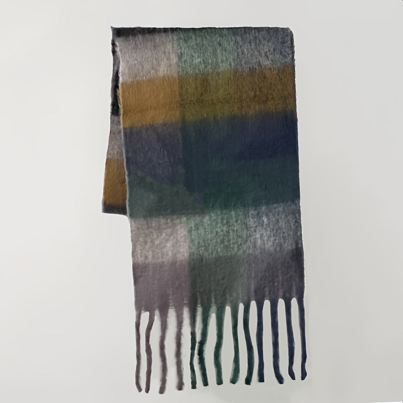 Rainbow-colored Boho Plaid Scarf with Tassels: Chunky, Imitation Tassel Shawl for Neck Warmth in Autumn and Winter. Features a Long Neckerchief Design.