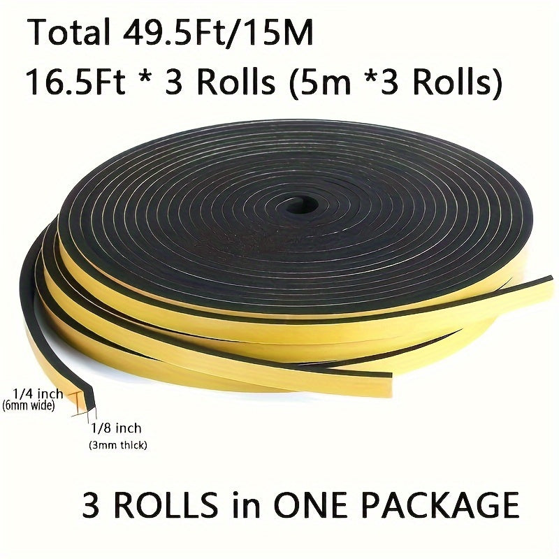 Foam Insulation Tape 3 Rolls Black Weather Stripping Soundproof Windproof Air Conditioning