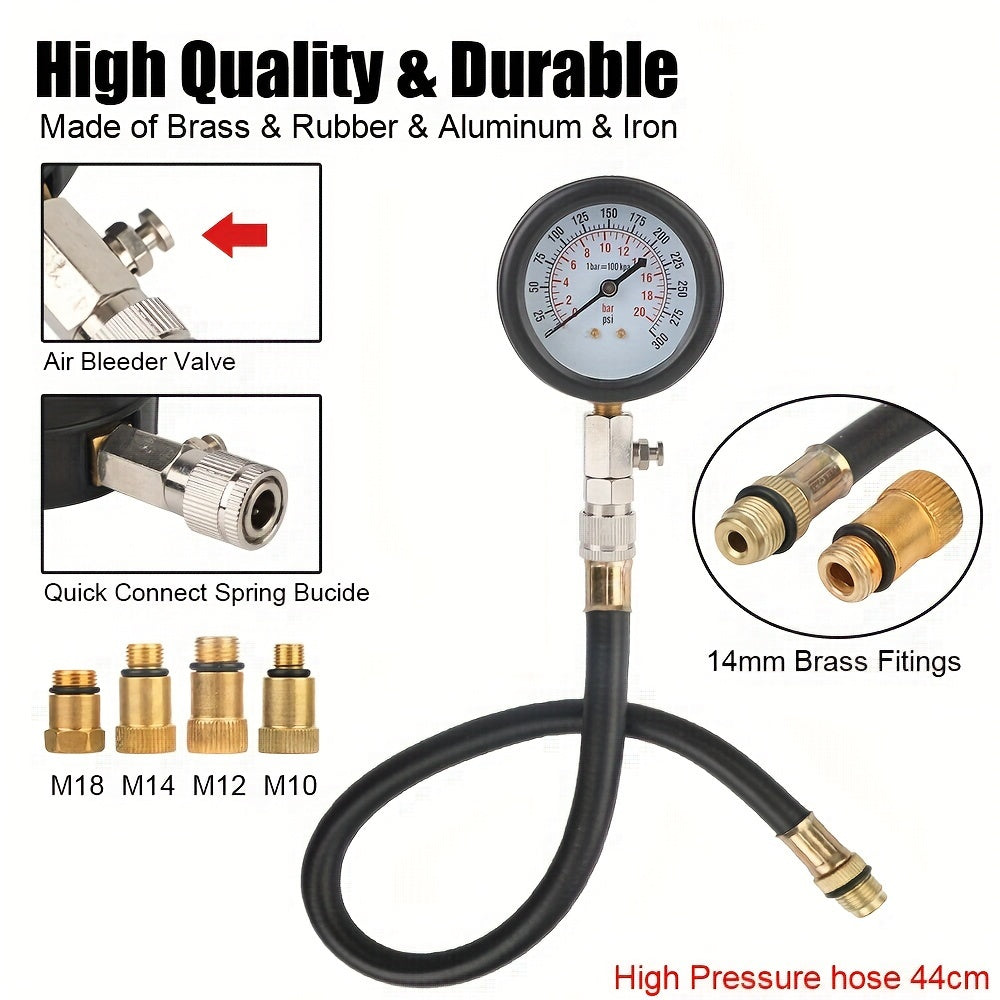 Automotive Compression Tester Kit with Pressure Gauge and Multiple Adapters