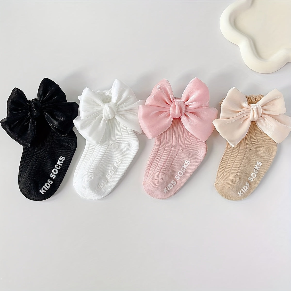 Girls' Mid-Calf Socks 4 Pairs Breathable Knit with 3D Bow in Black White Pink Beige
