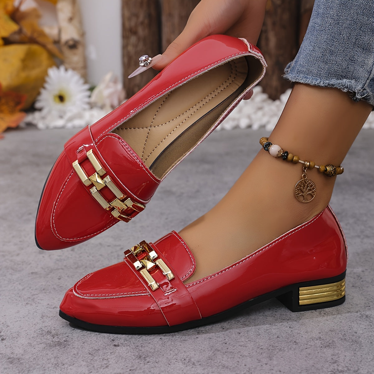 Women's Slip-On Loafers With Glitter Details Pointed Toe Mid-Heel Shoes