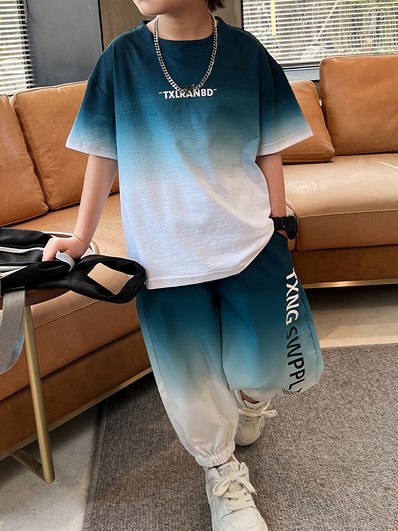 Kids Boys Casual Letter Print Gradient T-Shirt and Joggers Set Summer Lightweight Polyester