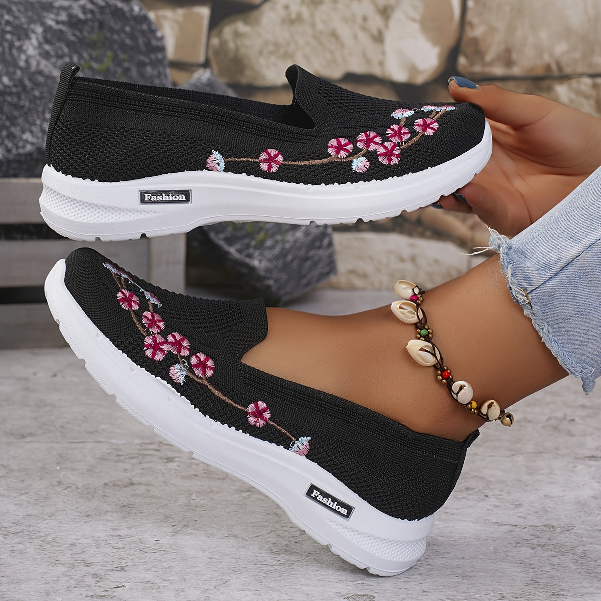 Women's Light Blue Slip-On Sneakers with Floral Embroidery for Summer Walks
