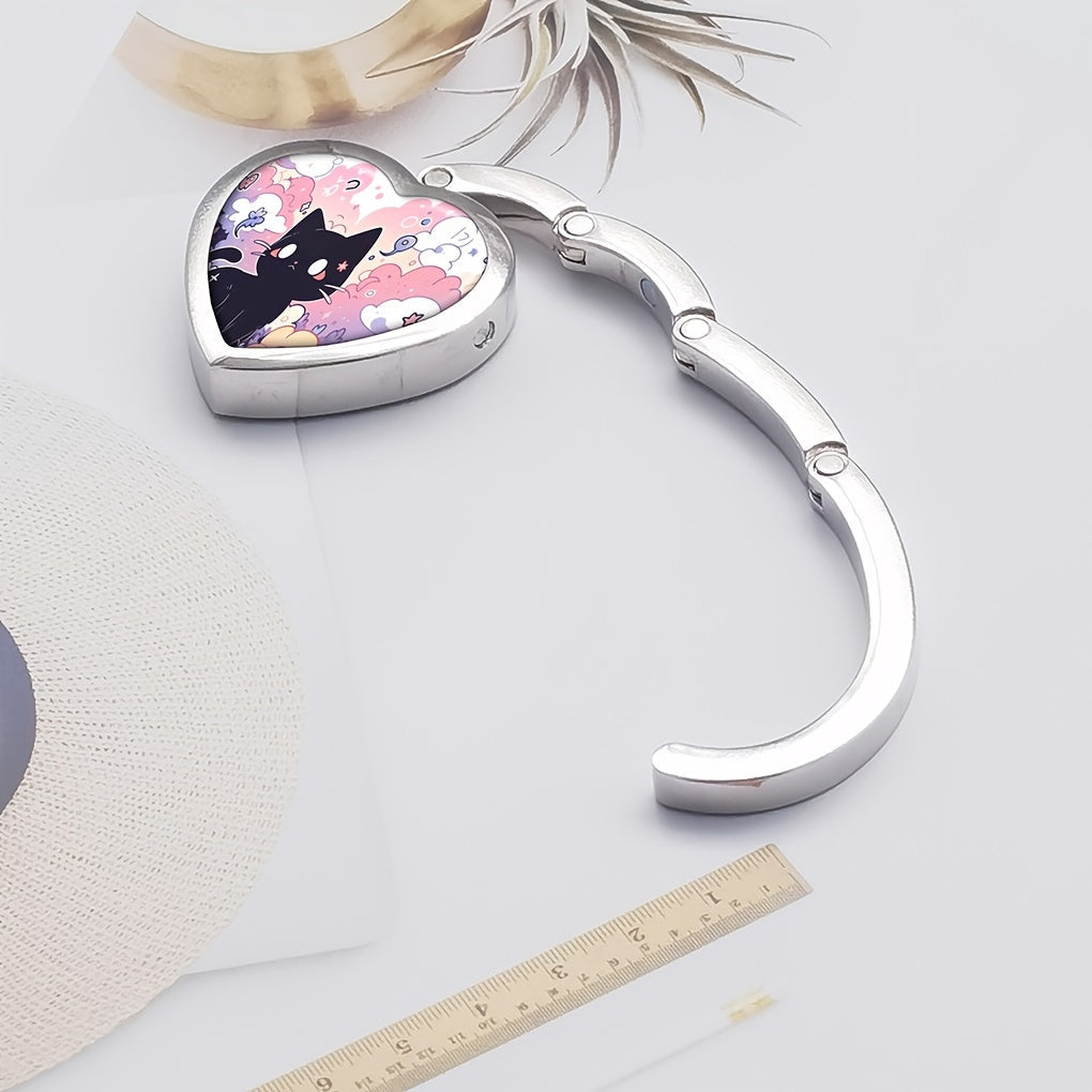 Heart-Shaped Purse Hanger with Black Cat Design Foldable Zinc Alloy Portable Bag Hook