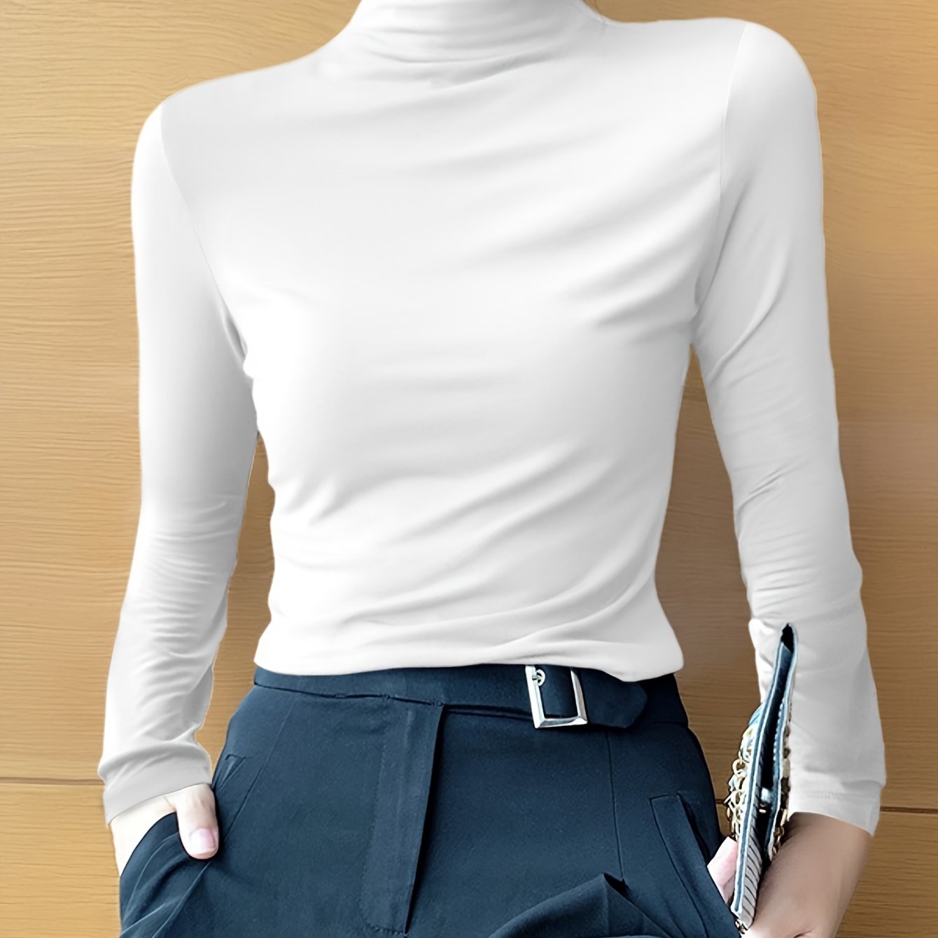 Women's High Neck Slim Fit Polyester Blouse for Fall Winter