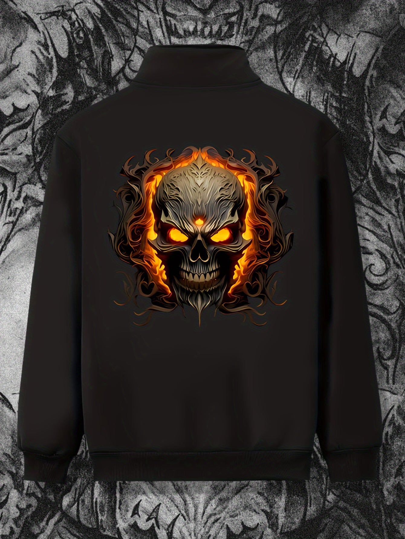 Plus Size Men's Graphic Print Band Collar Zipper Jacket for Spring and Fall