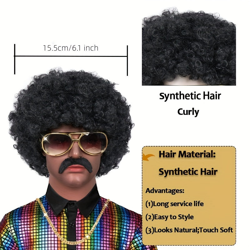 Short Black Fluffy Disco Afro Wig for Cosplay, Costume Parties, Men Women