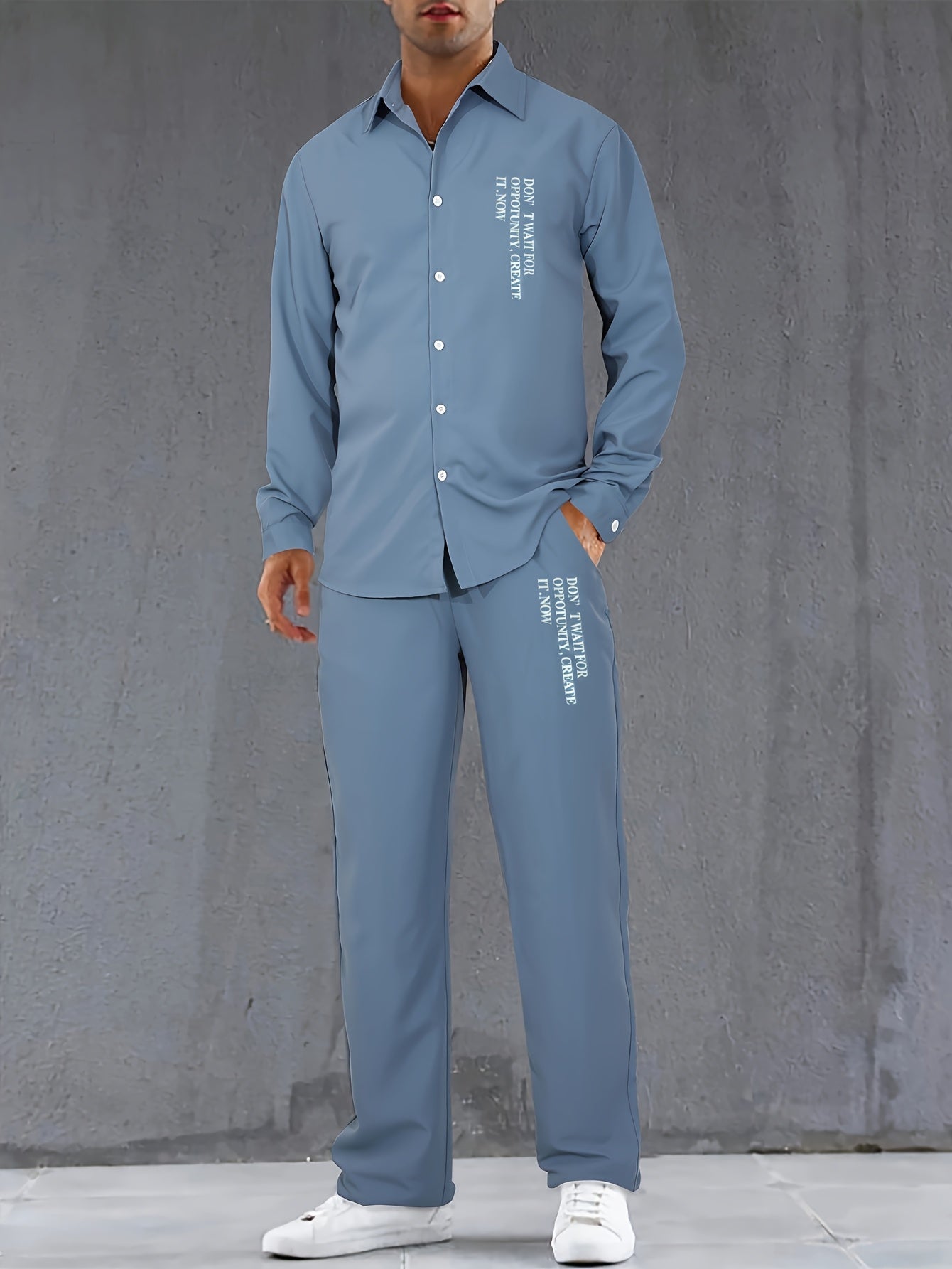 Men's Casual Outdoor Set Polyester Printed Long Sleeve Shirt and Drawstring Pants