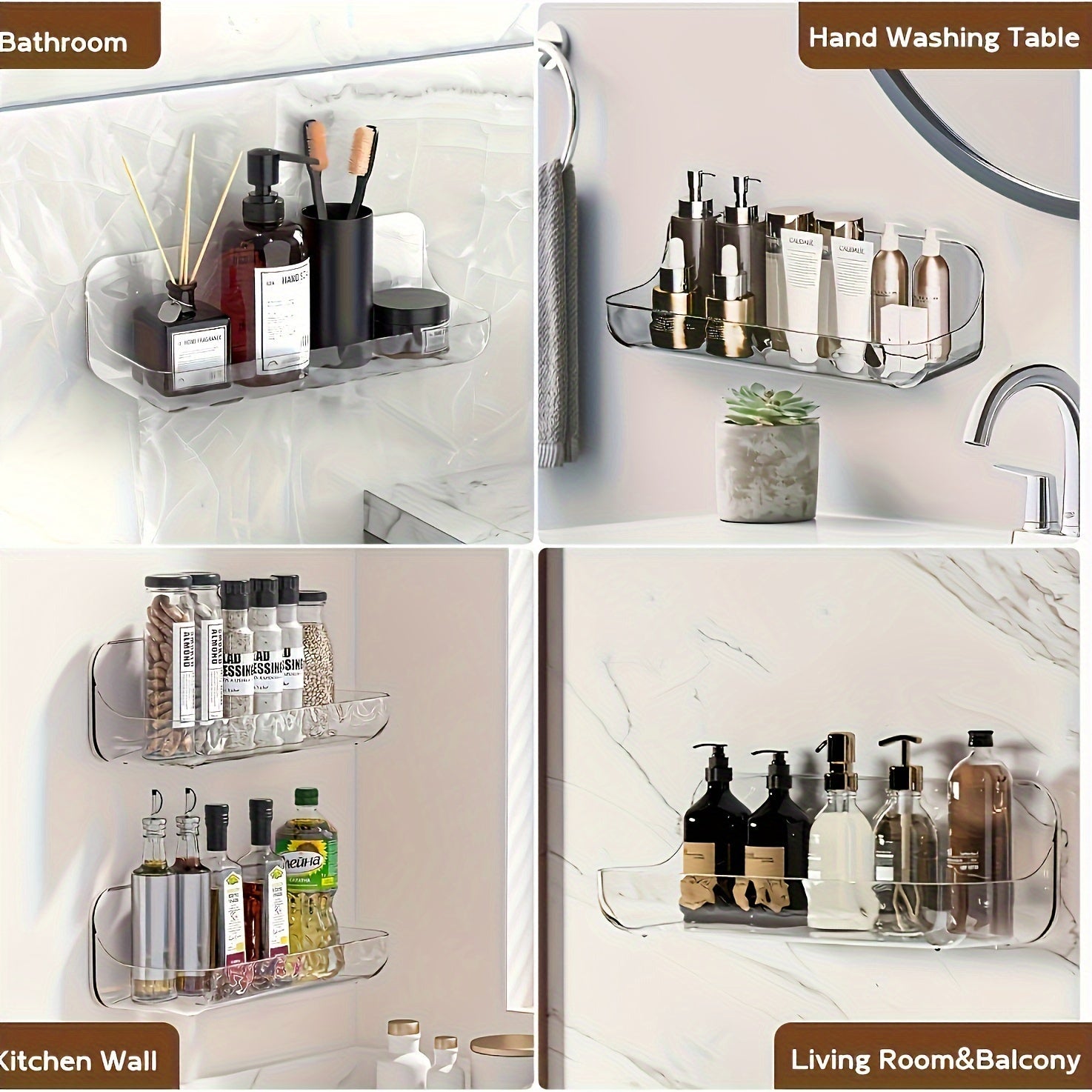 Простая в установке прозрачная душевая полка с клеевым покрытием — не требует сверления, идеально подходит для организации пространства в ванной комнате и на кухне, изготовлена из прочного пластика.