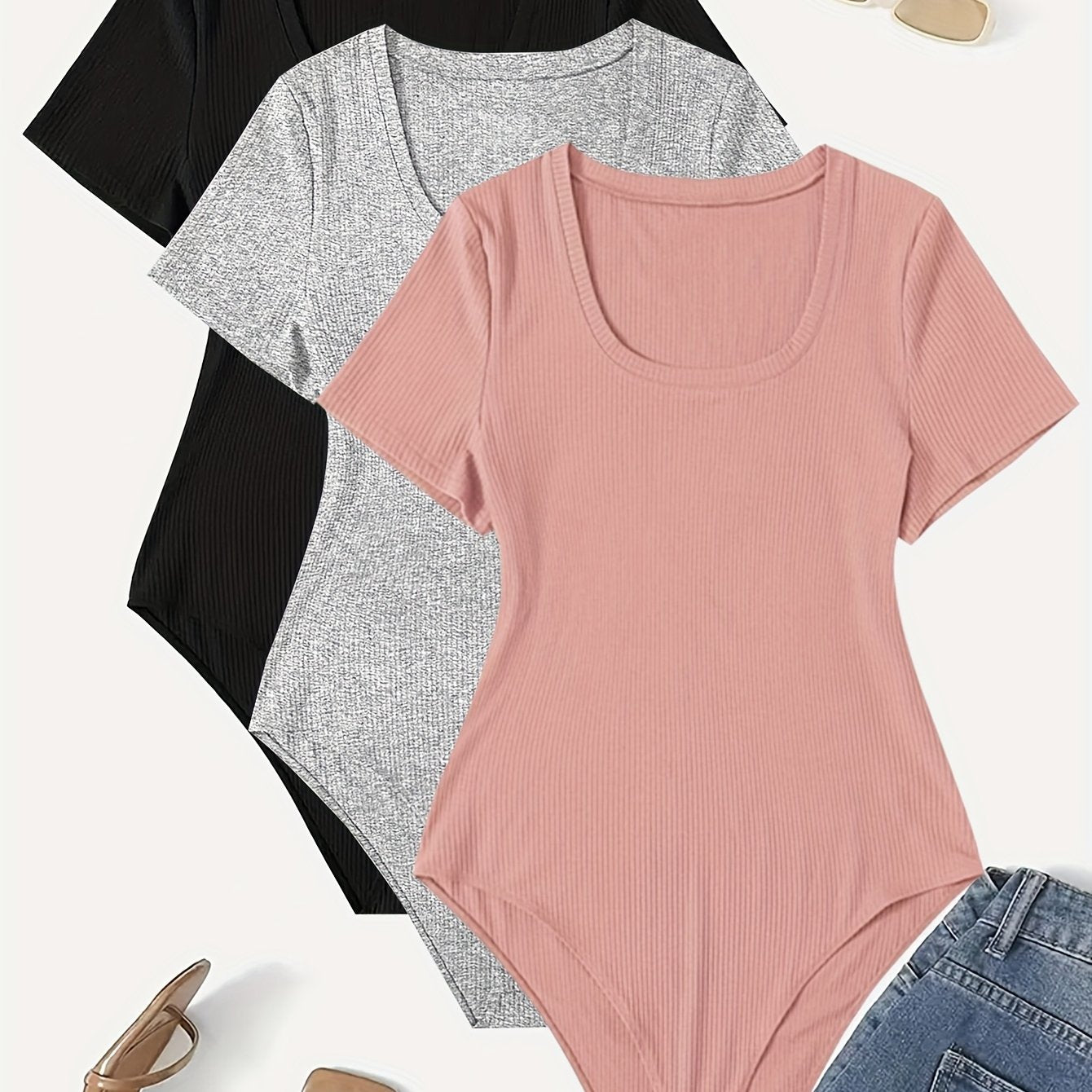 Ayollar uchun kengaytirilgan o'lchamli elastik bodysuitlar, bir rangli, kruj neck, qisqa qo'lli to'plam
