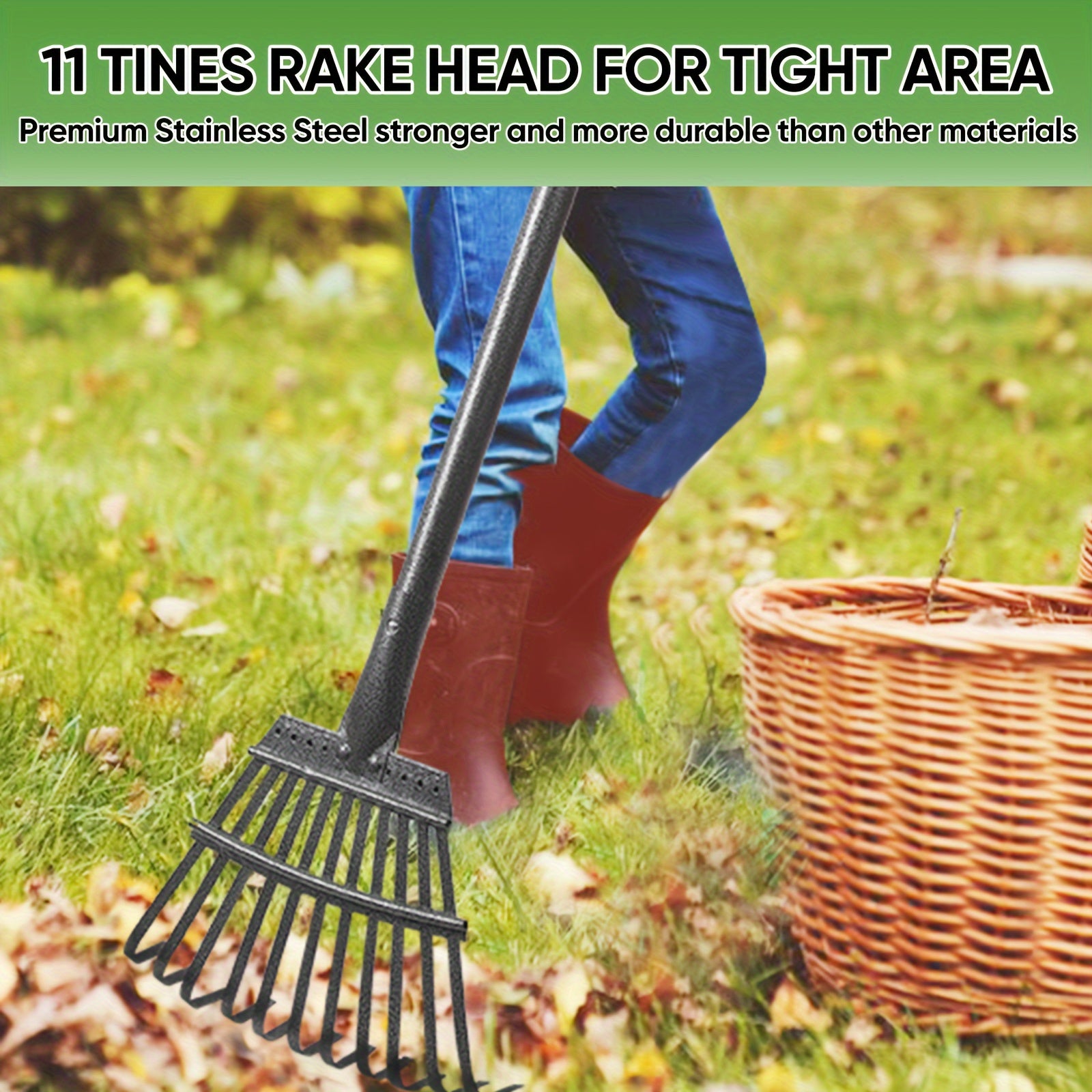 Heavy Duty Garden Leaf Rake 182.88cm with 11 Metal Tines Adjustable Steel Handle