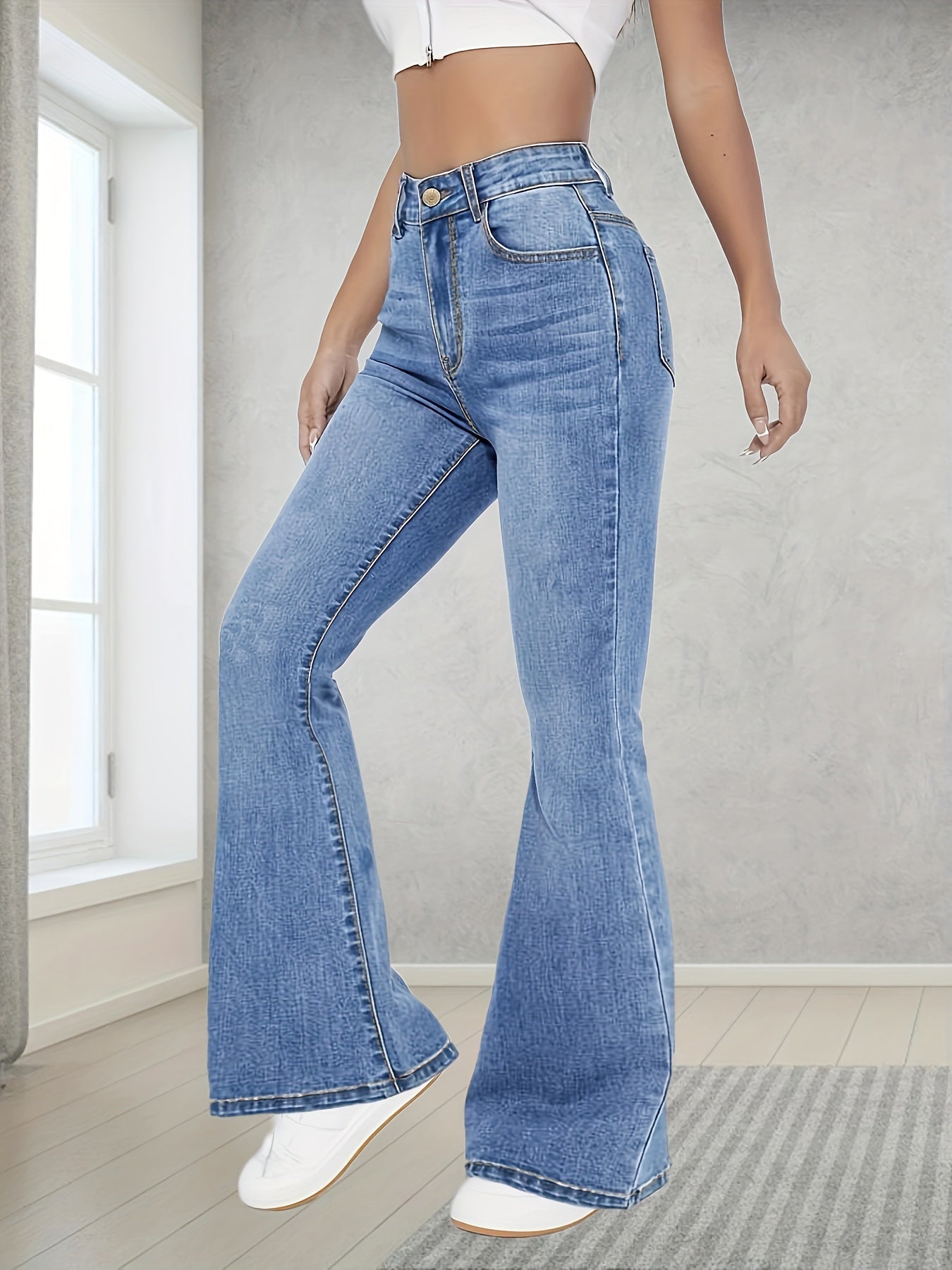 Women's High-Waisted Stretch Flared Jeans Blue Long Length Casual