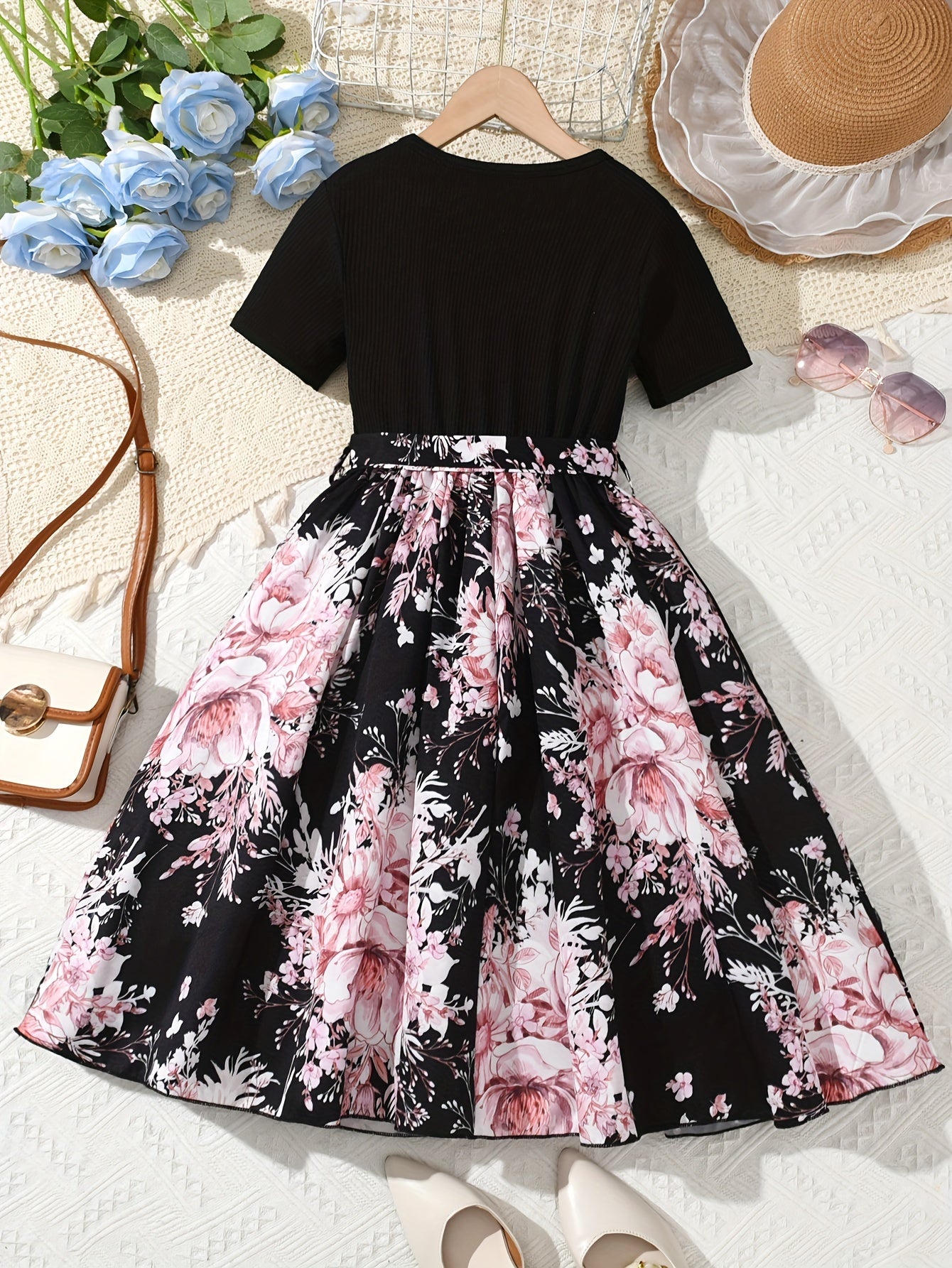 Girls Summer Blue Floral Spliced Knee High Dress with Belt and Short Sleeves