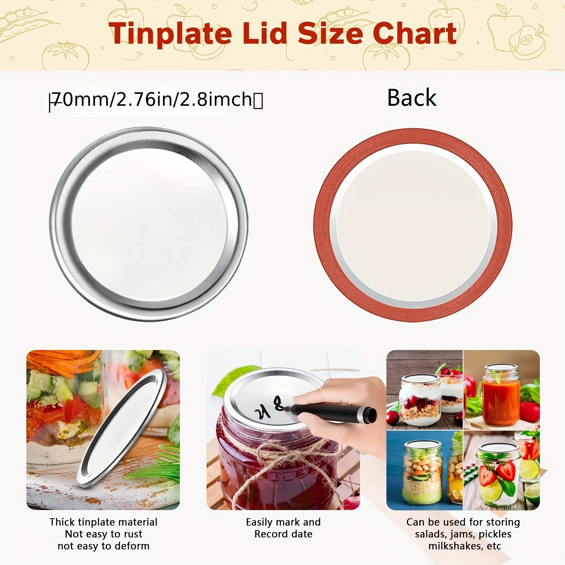 Wide Mouth Mason Jar Lids 70/86mm Tinplate Seal for Preserving and Decorating