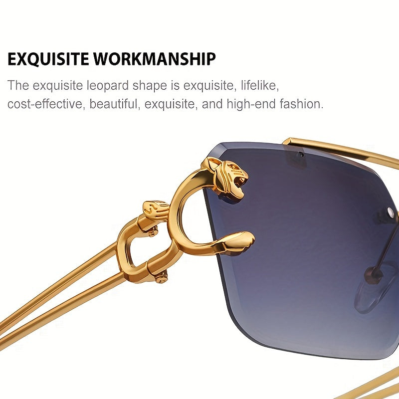 Unisex Rimless Double Bridge Square Metal Glasses with Gold Leopard Temples