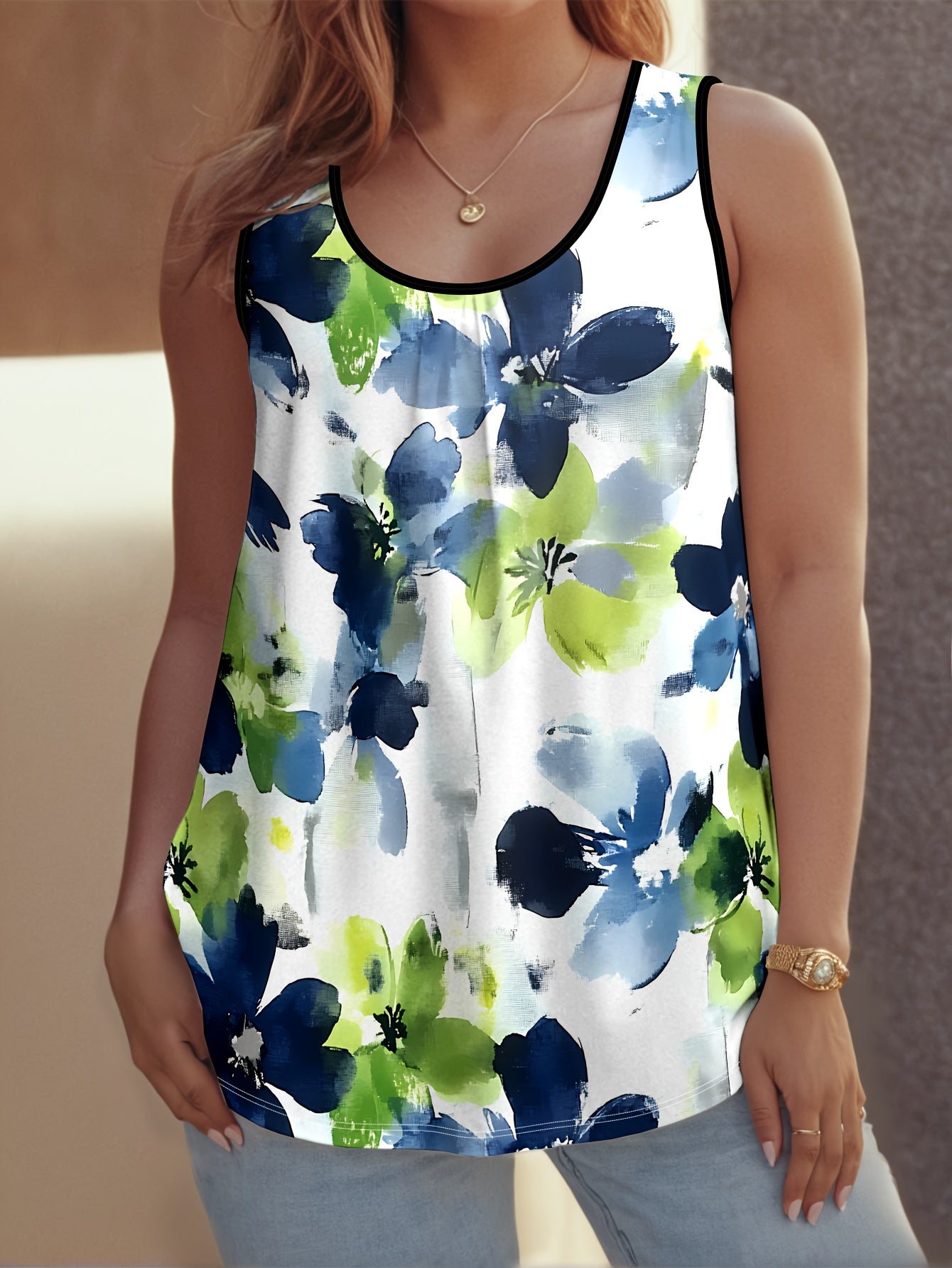 Plus o'lcham ayollar uchun gulchambarli akvarel tank top, bezsiz yozki kundalik kiyim