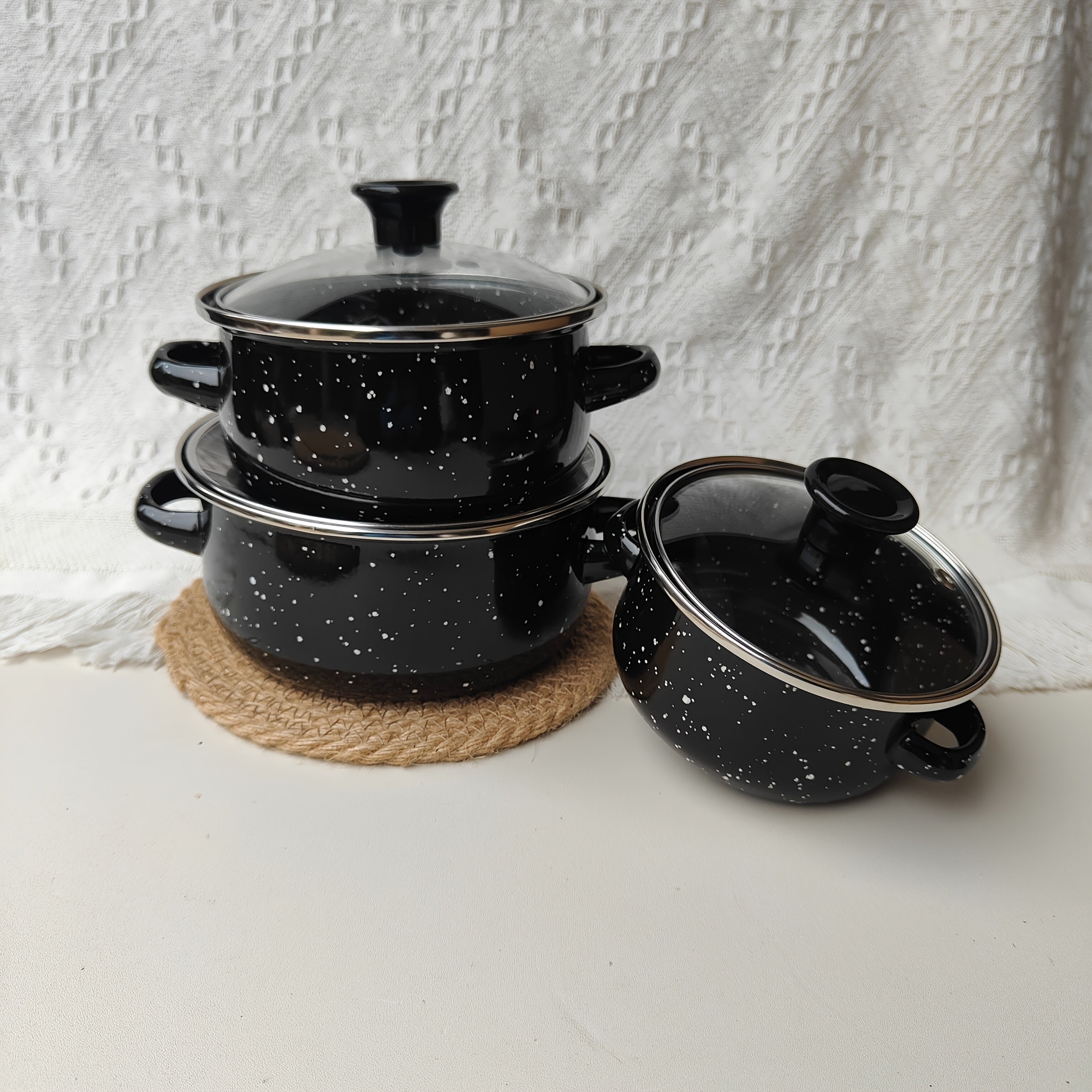 Enamel Cookware Set Includes 3 Mini Pots 12/14/16cm Solid Color Speckled Design