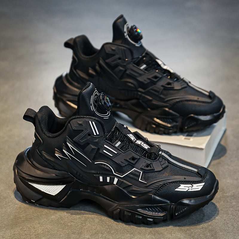 Men's Black Chunky Sneakers with Rotating Buckle Anti-Slip Breathable Fabric for Sports Outdoor
