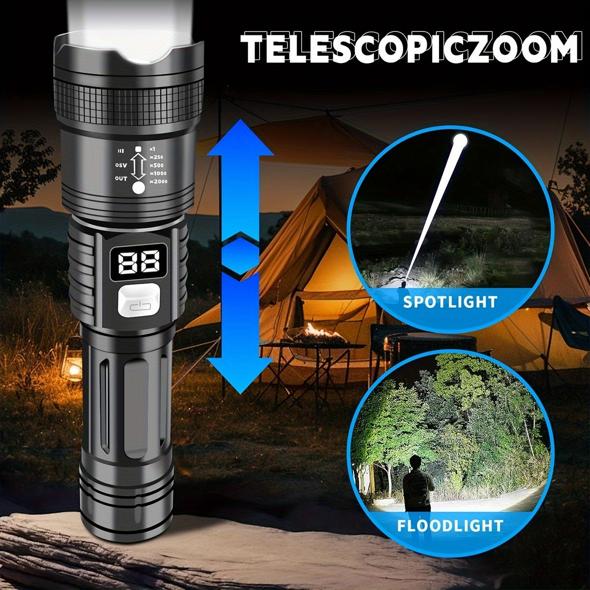 Rechargeable Tactical LED Flashlight with Digital Display, 3 Modes, Outdoor Use