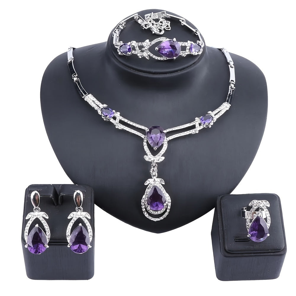 Women's Purple Gold Synthetic Zircon Jewelry Set Necklace Bracelet Earrings Ring for Parties Bridal