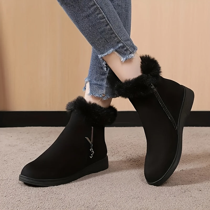 Women's Fleece-Lined Winter Ankle Boots with Side Zipper Black