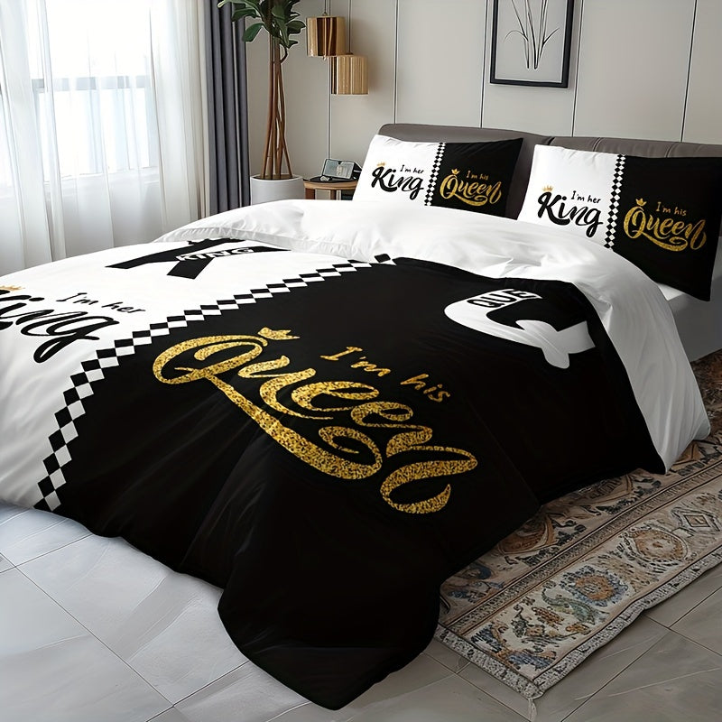 Black and Grey Duvet Cover Set with Crown Lettering Design Includes 1 Duvet Cover and 2 Pillowcases