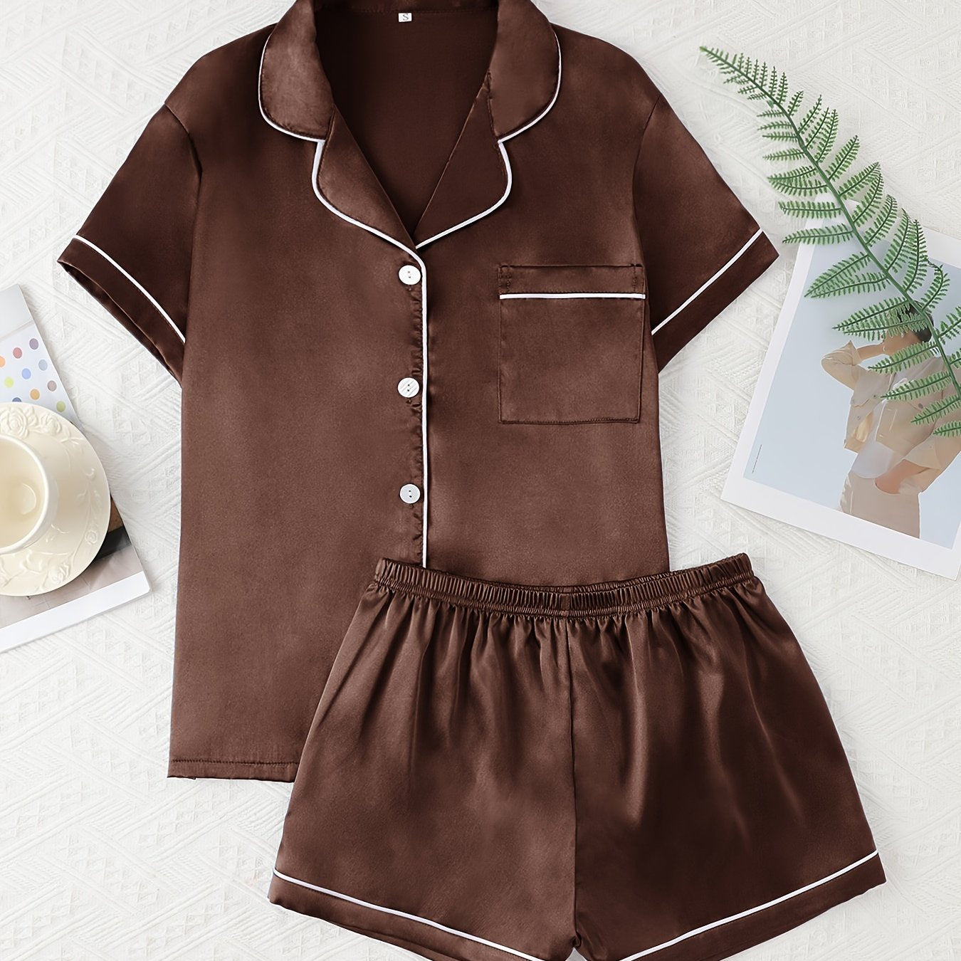 Adult Satin Solid Color Double Shorts Pajama Set