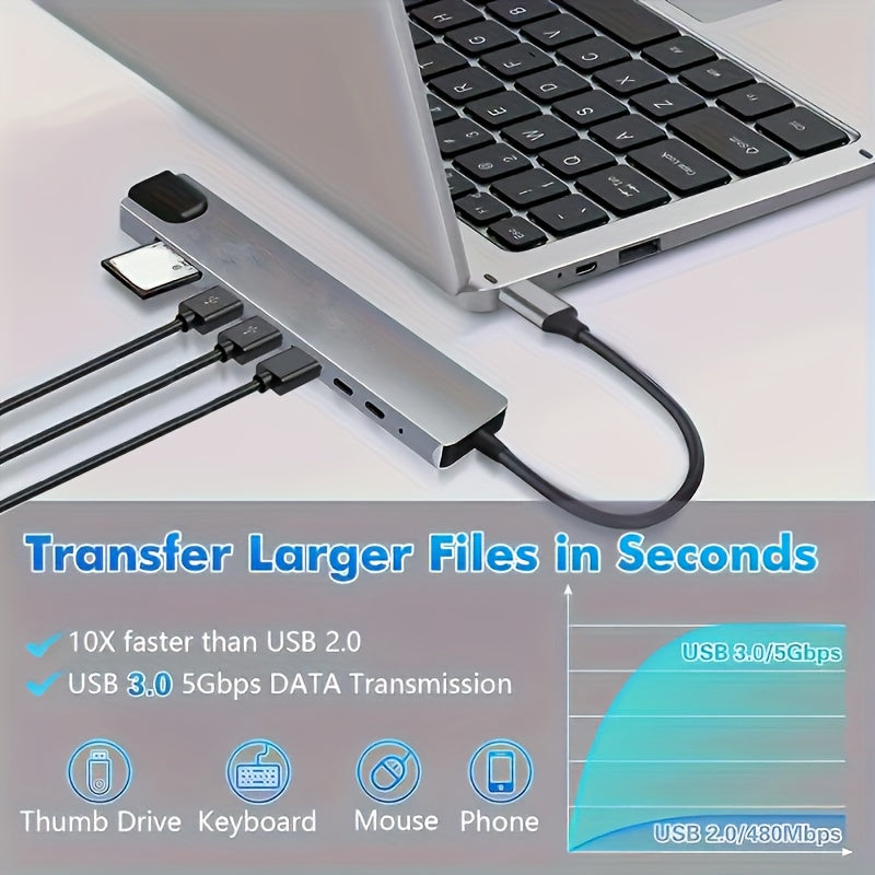 Hub USB-C 8 en 1 con HDMI 4K, Ethernet, lector de tarjetas SD/TF y carga rápida