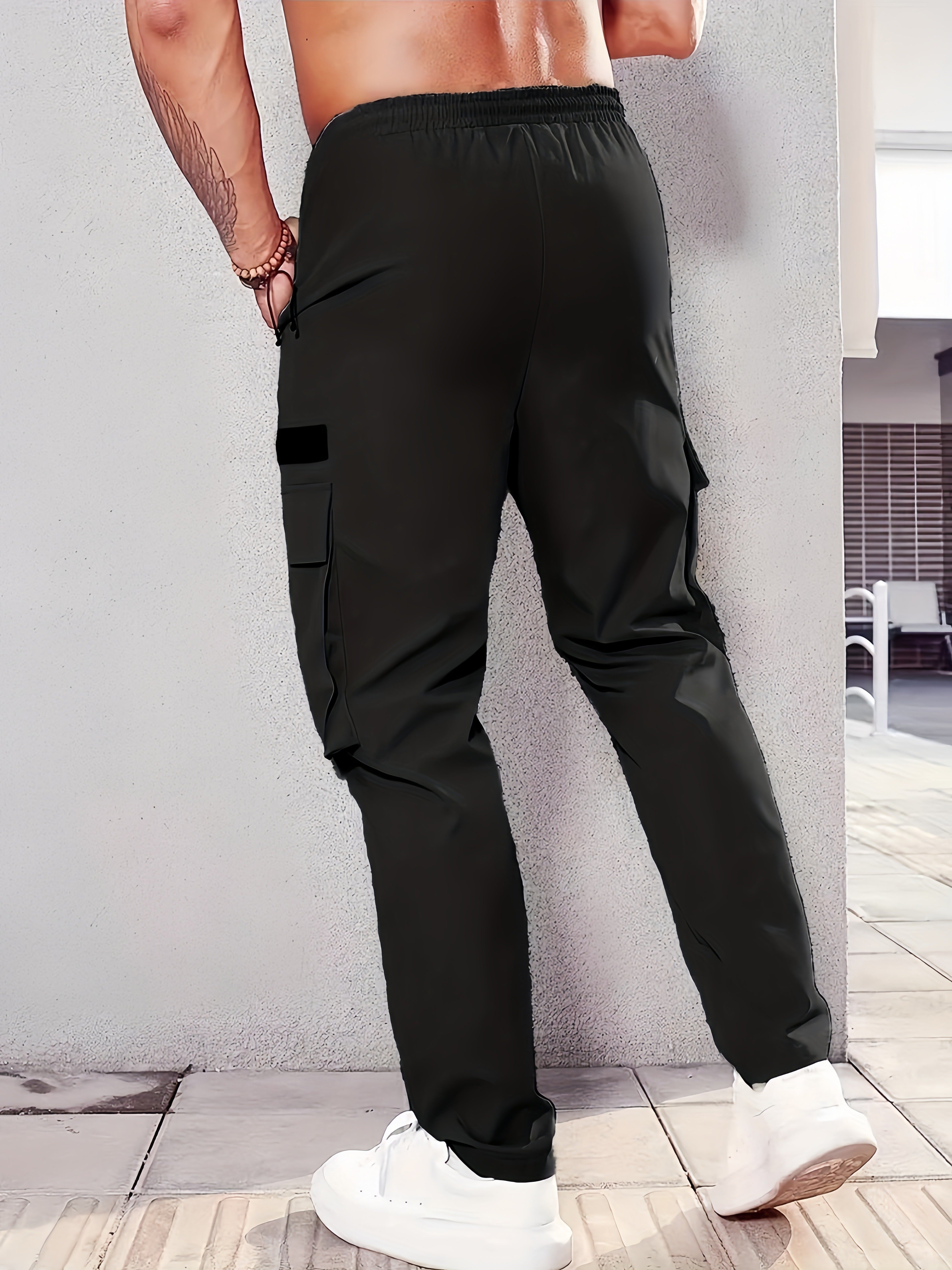 Men's Casual Cargo Pants Polyester Elastic Waist Multi-Pocket Regular Fit for Spring Fall