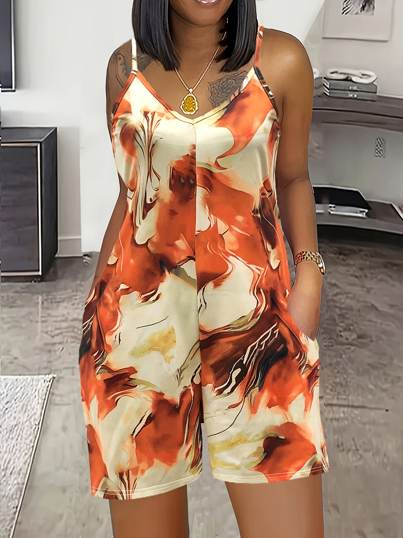 Women's Summer V-Neck Orange Marble Print Dress with Pockets
