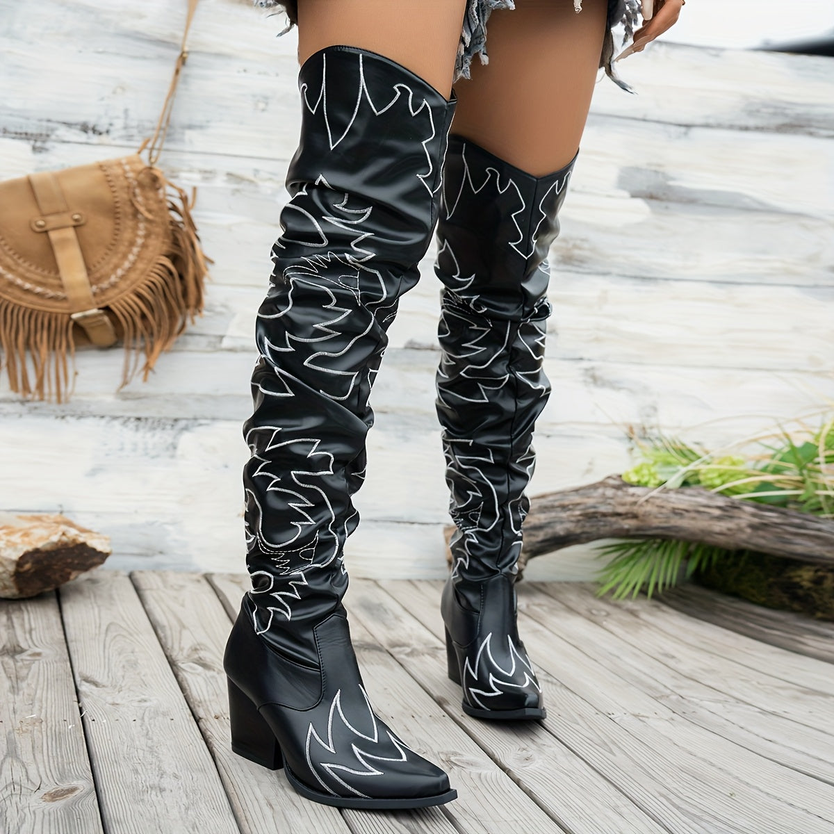 Women's Black Floral Embossed Faux Over-the-Knee Boots Pointed Toe Chunky Heel