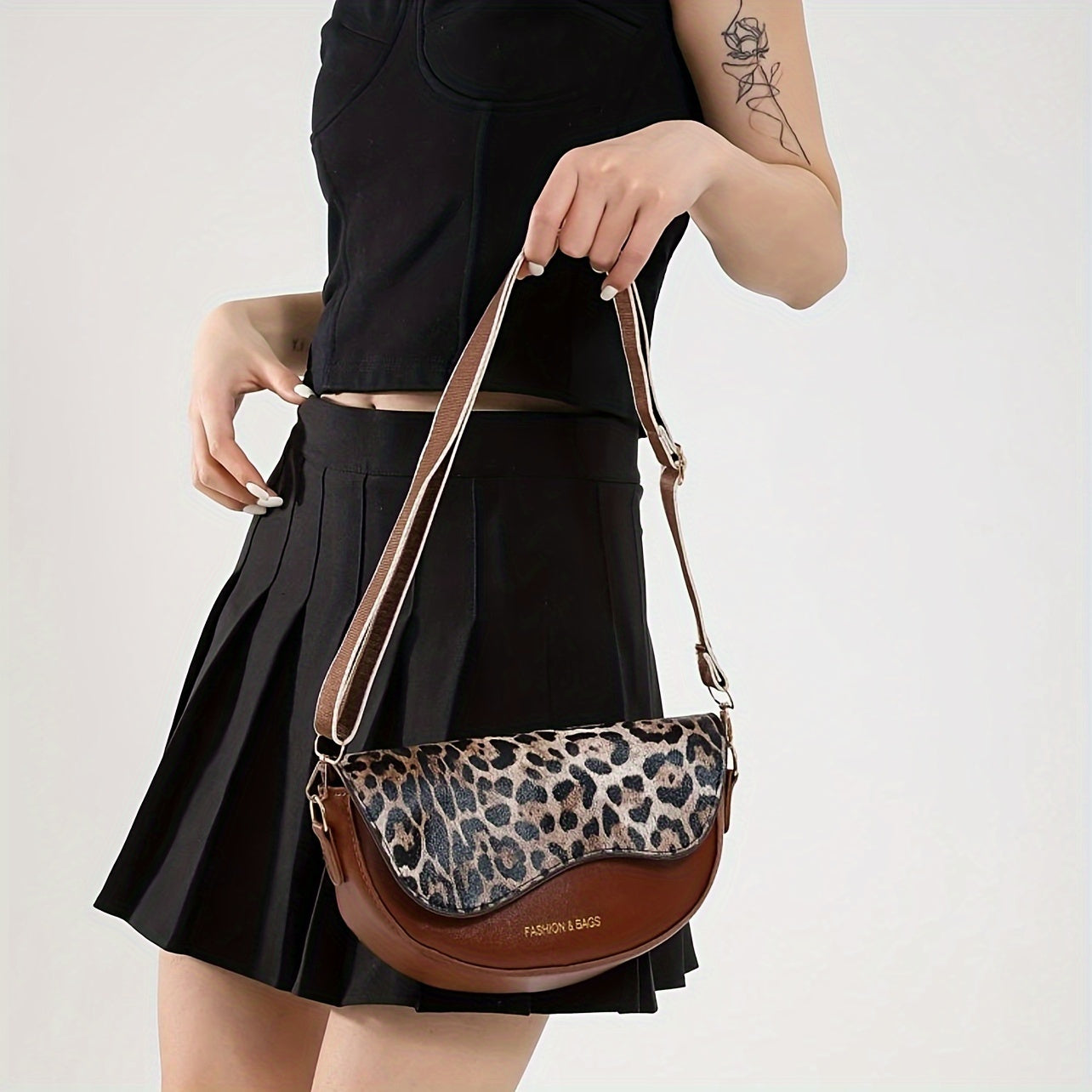 Women's Faux Leather Crossbody Bag with Leopard Print Flap and Magnetic Closure