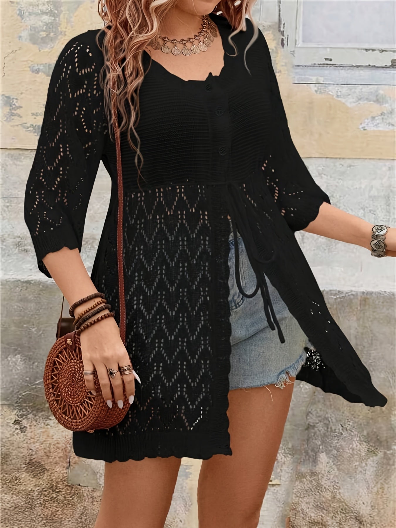 Plus Size Women's Lace Trim V-Neck Cardigan Lightweight Geometric Semi-Sheer Casual Jacket